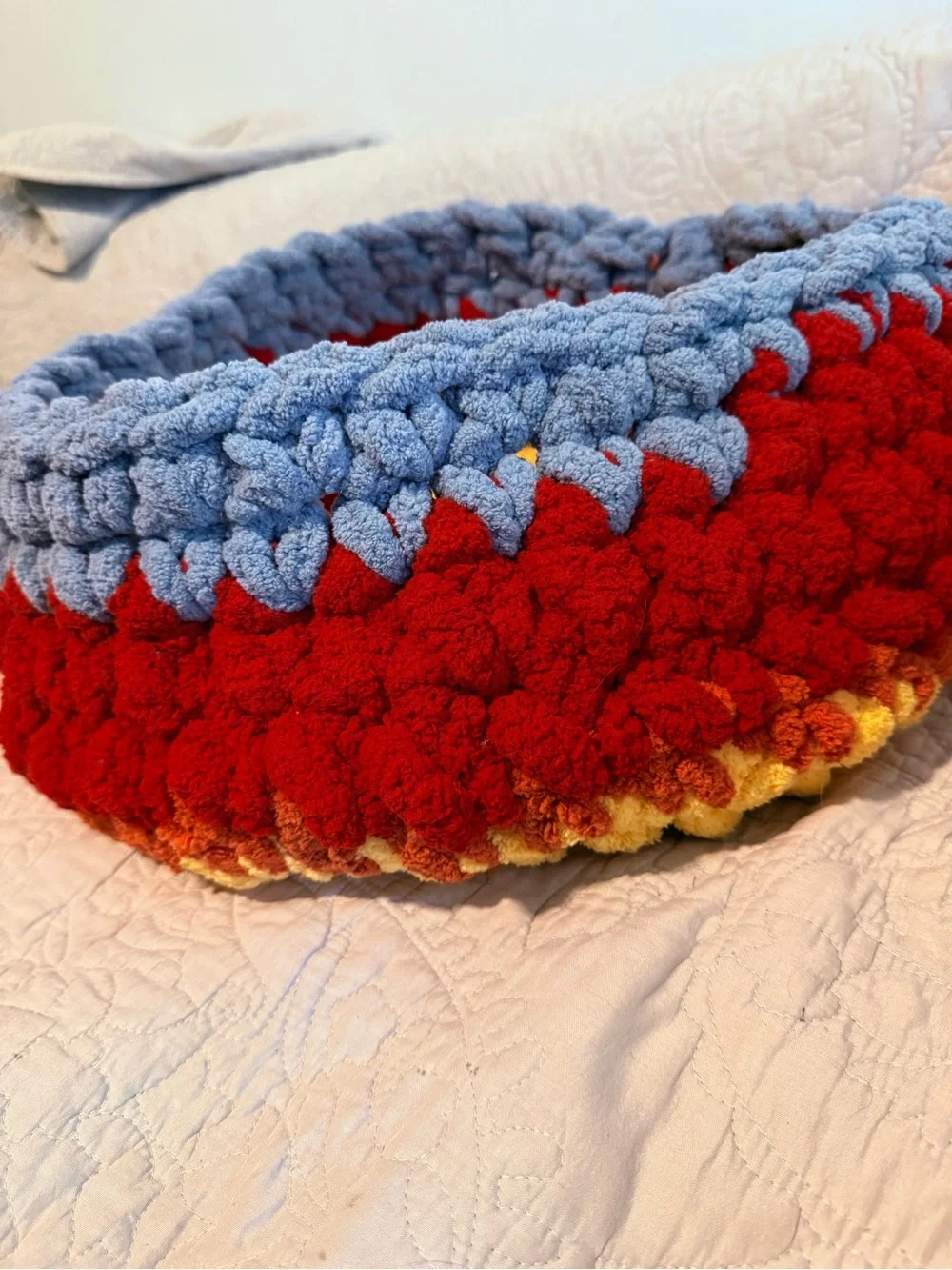 Handmade Plush Basket with Handle - Flame themed with Red, Orange, Yellow & Blue